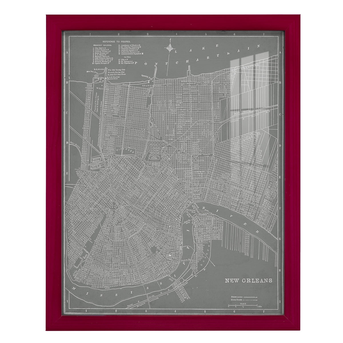 City Map of New Orleans -Framed Print w/glass-Cherry Red