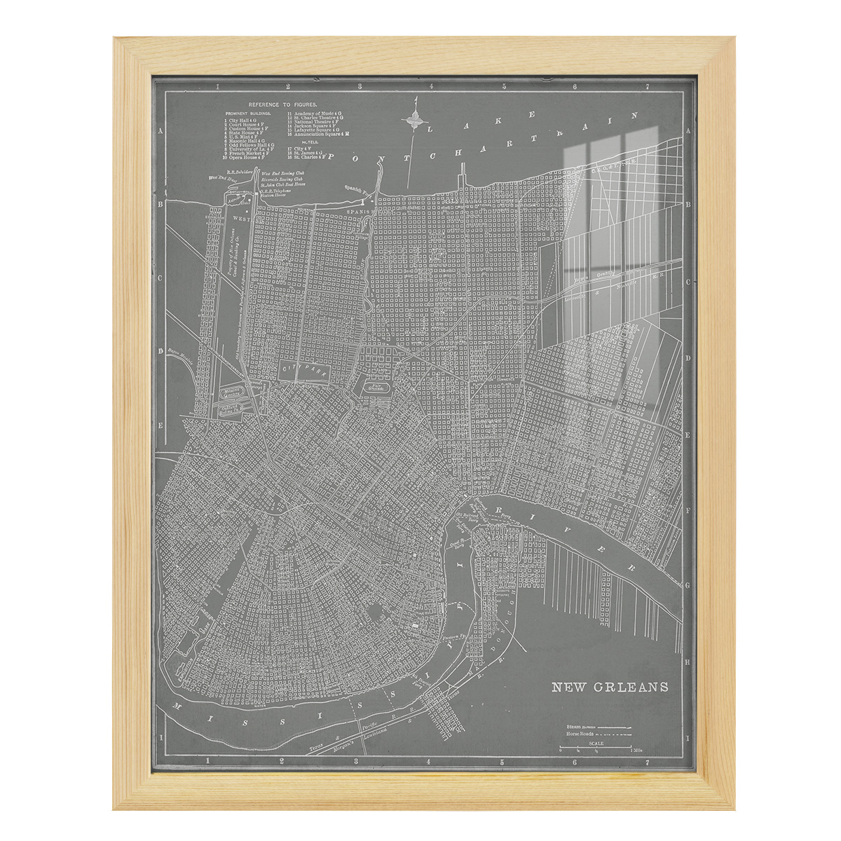 City Map of New Orleans -Framed Print w/glass-Natural Wood