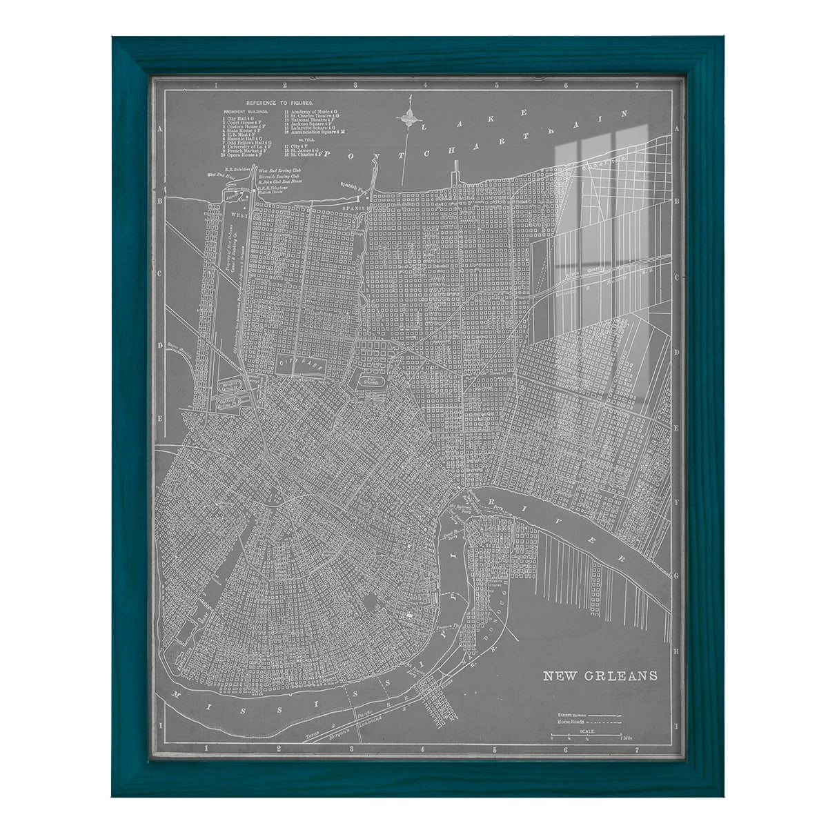 City Map of New Orleans -Framed Print w/glass-Ocean Blue