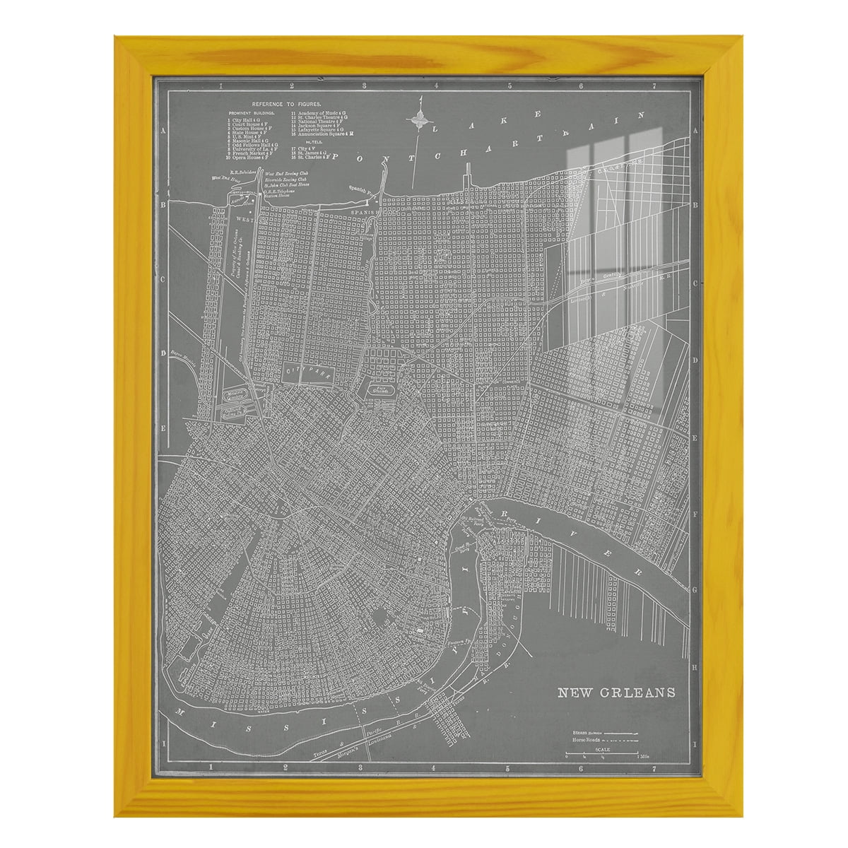 City Map of New Orleans -Framed Print w/glass-Sunflower Yellow