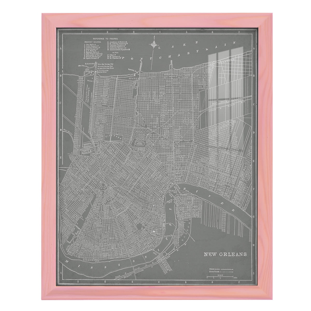 City Map of New Orleans -Framed Print w/glass-Sunset Pink