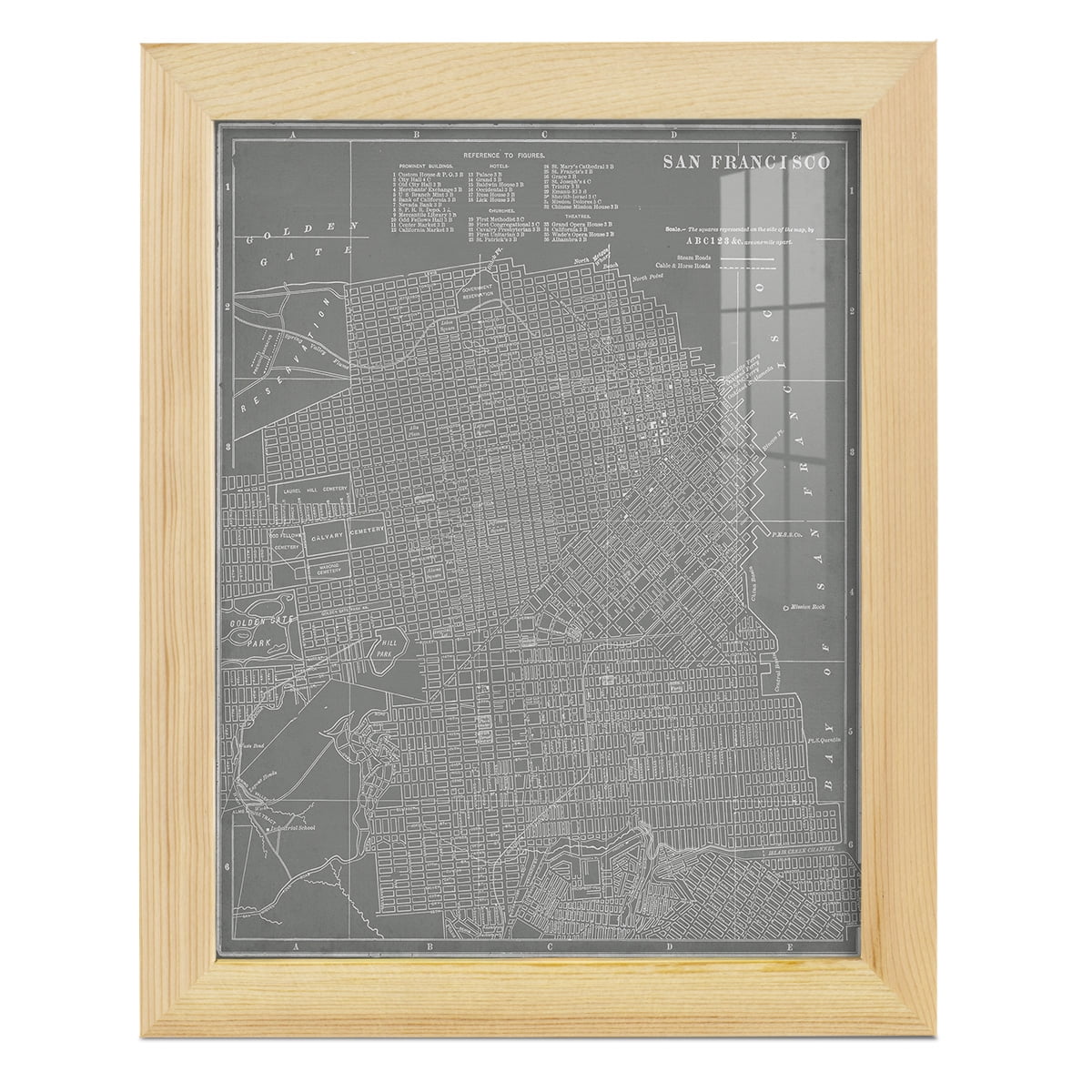 City Map of San Francisco -Framed Print w/glass-Natural Wood