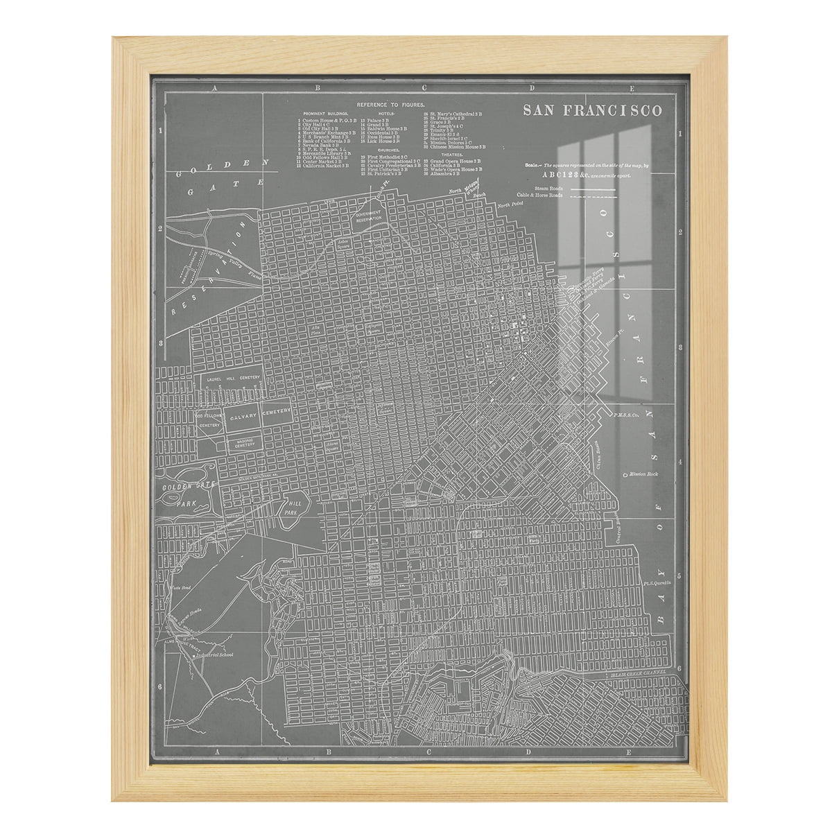 City Map of San Francisco -Framed Print w/glass-Natural Wood