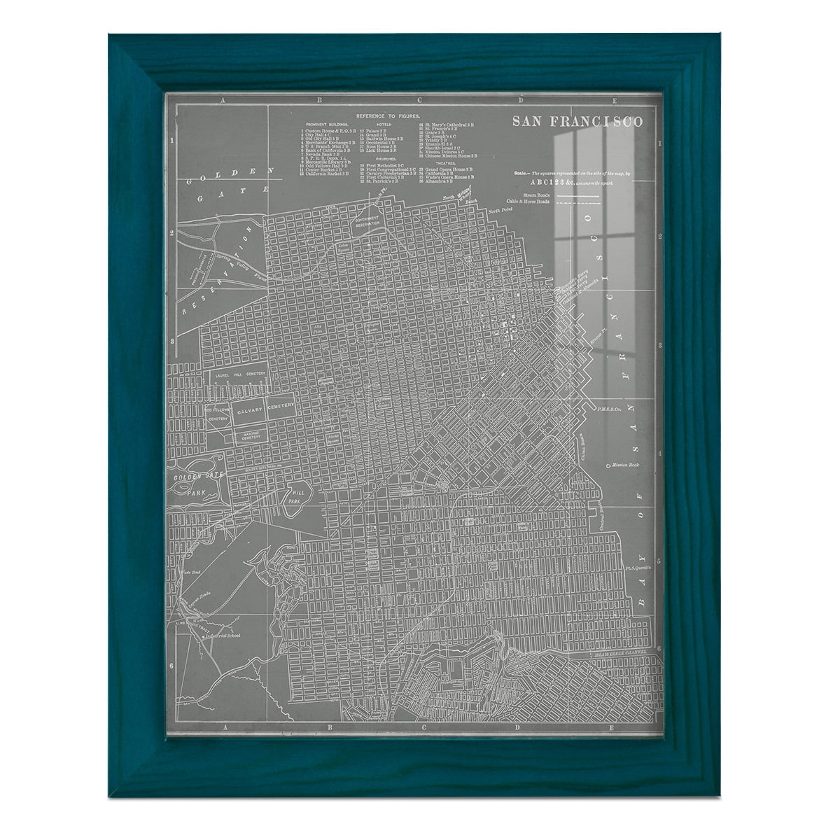 City Map of San Francisco -Framed Print w/glass-Ocean Blue