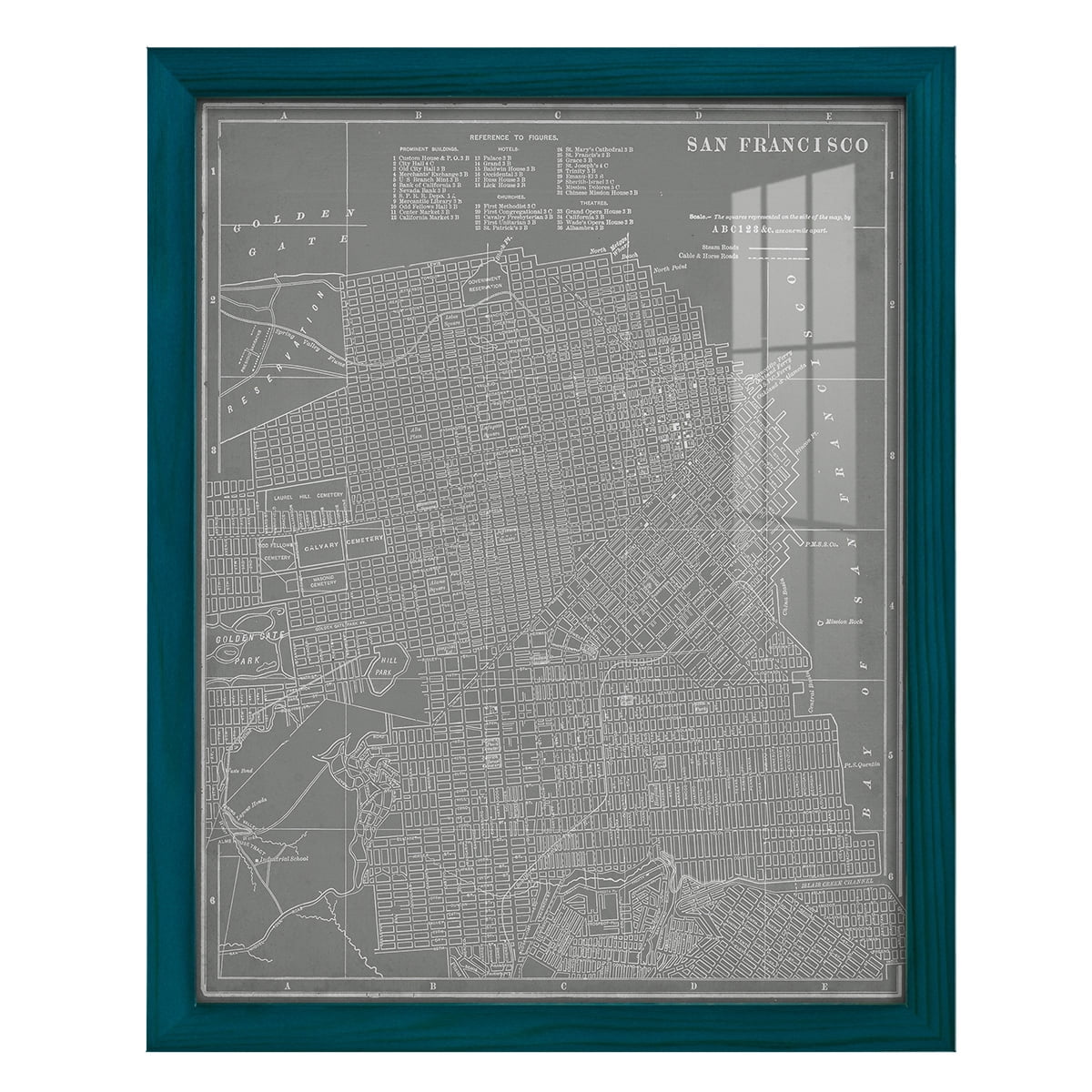 City Map of San Francisco -Framed Print w/glass-Ocean Blue
