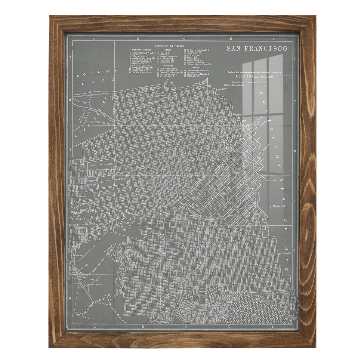City Map of San Francisco -Framed Print w/glass-Walnut
