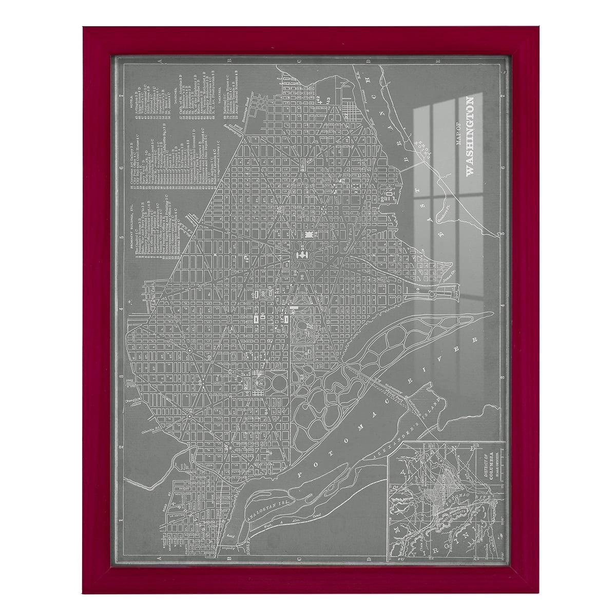 City Map of Washington D.C. -Framed Print w/glass-Cherry Red