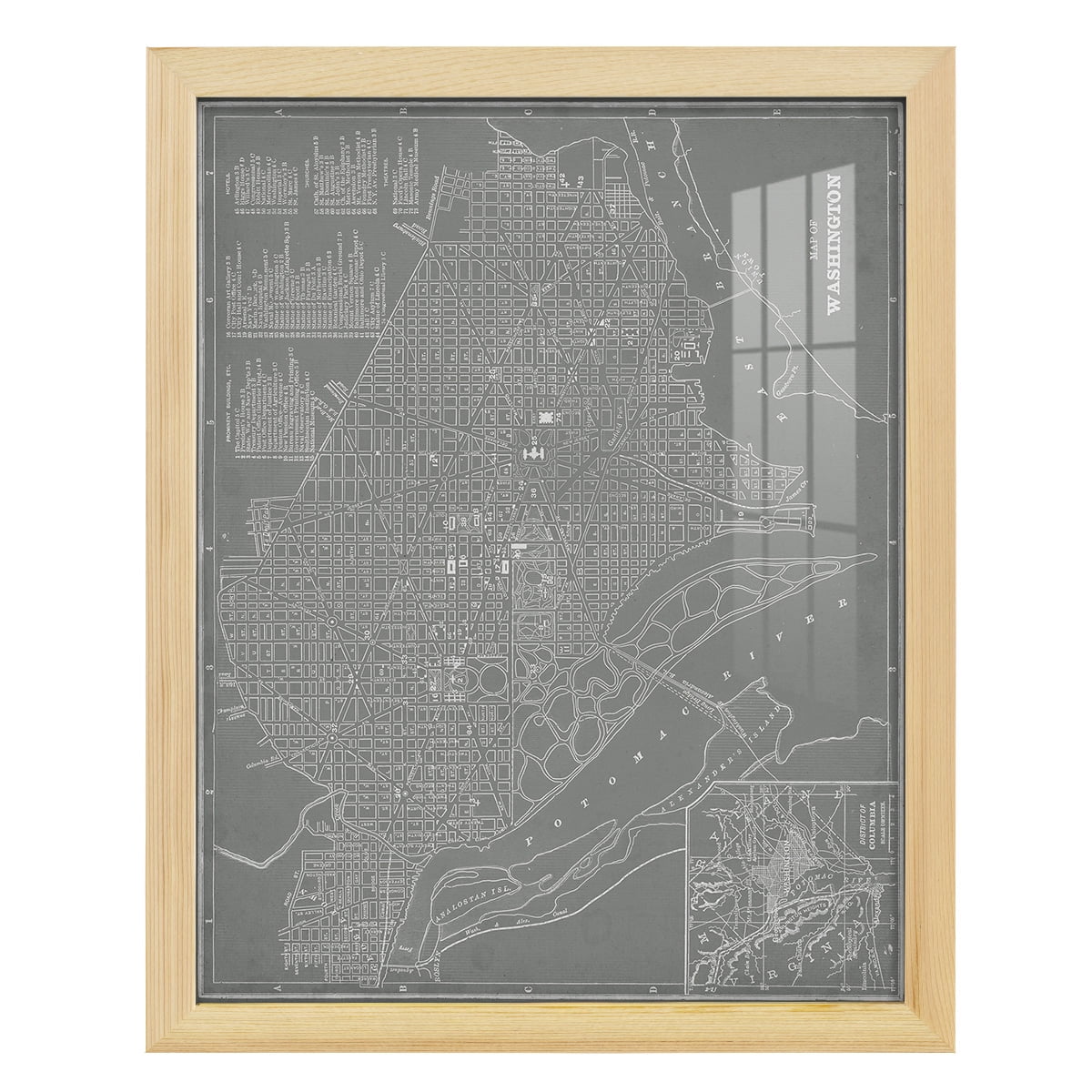 City Map of Washington D.C. -Framed Print w/glass-Natural Wood