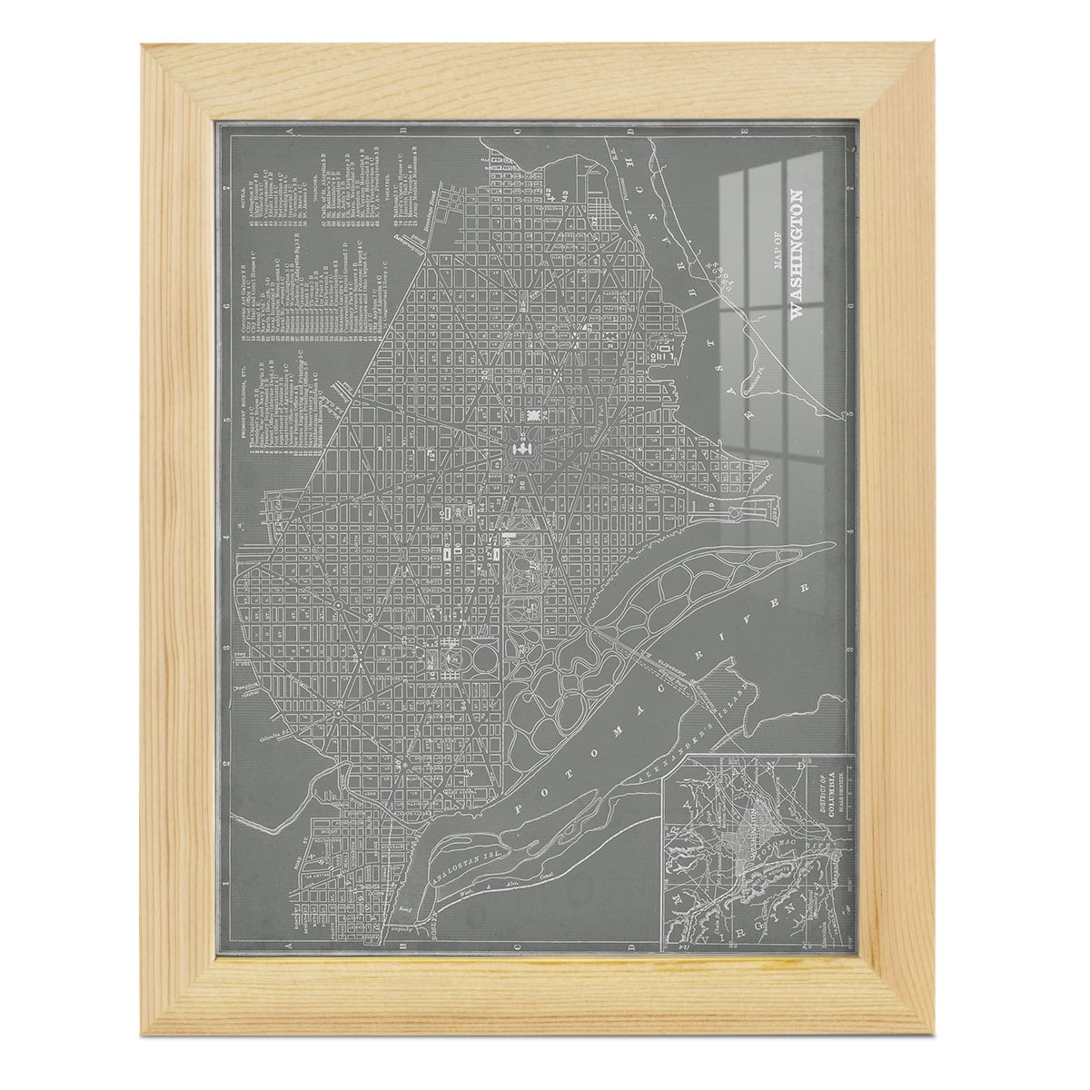City Map of Washington D.C. -Framed Print w/glass-Natural Wood
