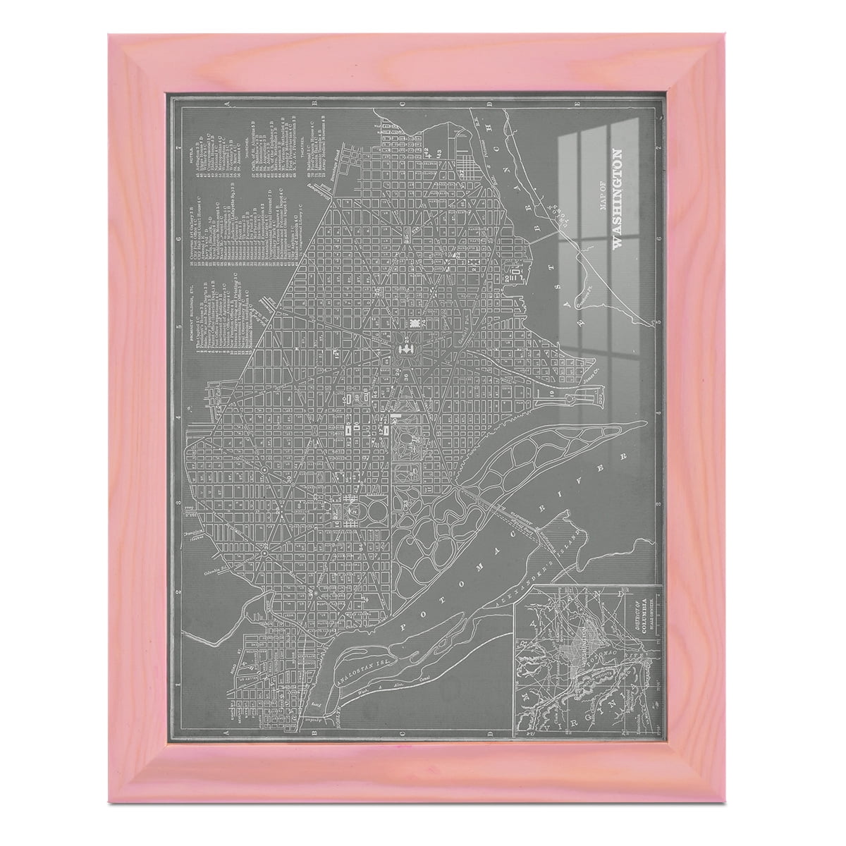 City Map of Washington D.C. -Framed Print w/glass-Sunset Pink