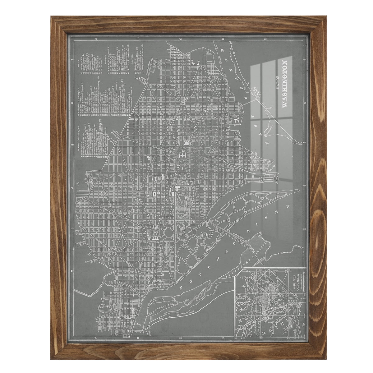 City Map of Washington D.C. -Framed Print w/glass-Walnut