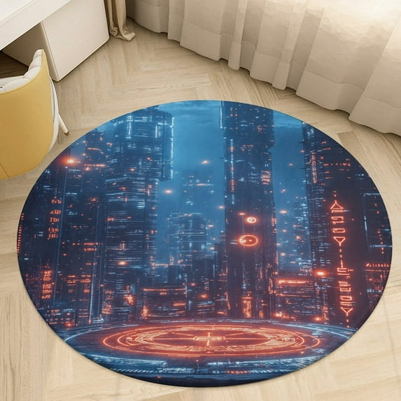City Neon Streetview Night at Night Round Small Area Rug, Print Non Slip Washable Floor Mat, Soft Throw Rug for Living Room, Powder Room Entryway, Bathroom, Bedside