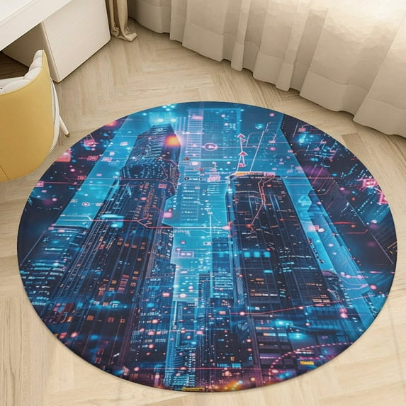 City Neon Streetview Night at Night Round Small Area Rug, Print Non Slip Washable Floor Mat, Soft Throw Rug for Living Room, Powder Room Entryway, Bathroom, Bedside