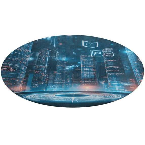 City Neon Streetview Night at Night Soft Bedroom Round Area Rug, Washable Cute Nursery Circle Throw Mat, Non-Slip Contemporary Small Low Pile Floor Carpet for Dorm Bedside
