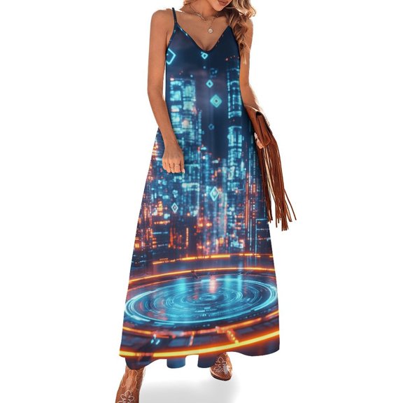 City Neon Streetview Night at Night Design Sleeveless Dress Woman Fashion Long Dresses Women's Summer Suit Dress 2025