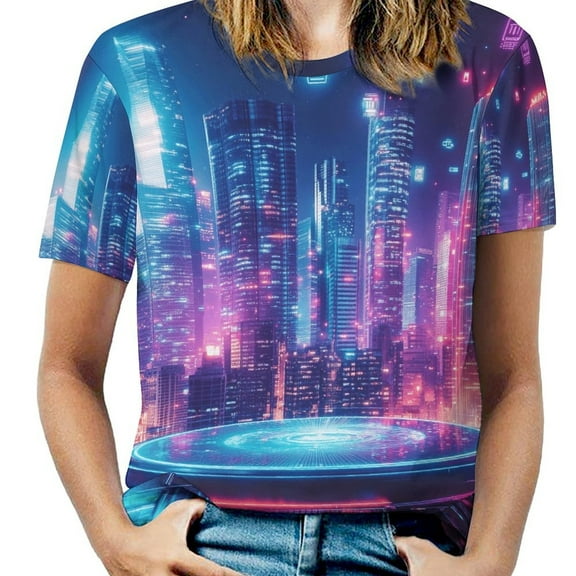 City Neon Streetview Night at Night T Shirts Basic T-Shirt Short Sleeve Ladies Tee Shirt Summer Graphic Clothing