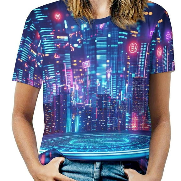 City Neon Streetview Night at Night Women's Short Sleeve T-Shirt Crew Neck Casual Summer Trendy Loose Fit Tops