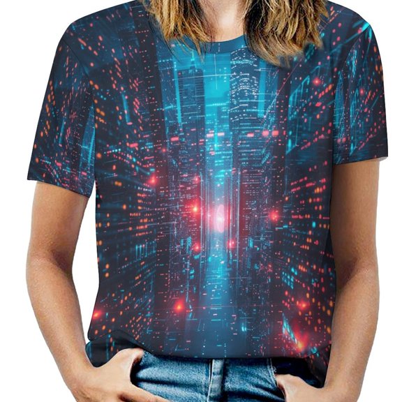 City Neon Streetview Night at Night Women's Short Sleeve Tops Casual Blouses T Shirt