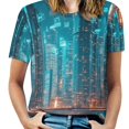 thumbnail image 1 of City Neon Streetview Night at Night Womens Tops Women's Fashion Casual Short Sleeve Flower Print Round Neck Pullover Top Blouse, 1 of 6