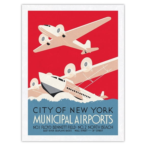 City of New York - Municipal Airports - Floyd Bennett Field & North Beach East River Seaplane Base - Vintage Travel Poster c.1936 - Japanese Unryu Rice Paper Art Print 24 x 32 in