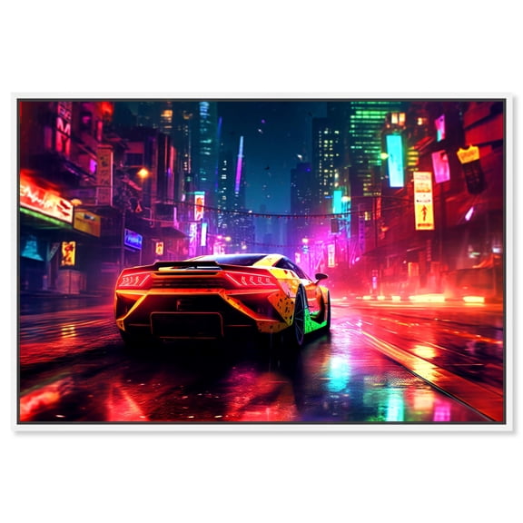 City Night Drive Car Canvas Wall Art by Notoriart, White Floater Frame, 55" x 37"