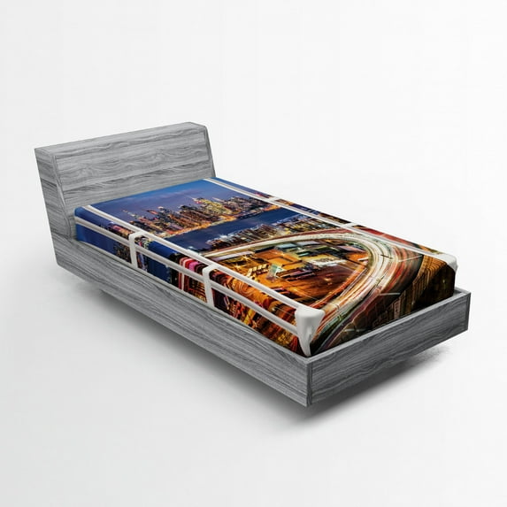 Ambesonne City Night Fitted Sheet, Urban River and Roads, Twin XL Size, Multicolor
