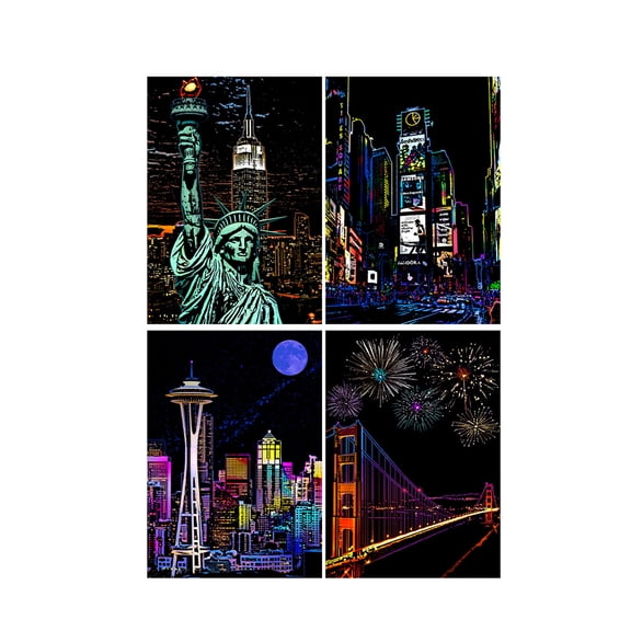 City Night Scene Scratch Art Kit Town Skyline Etching Painting Set with Tools for Adults and Kids Creative DIY Art Craft Gift Type 4