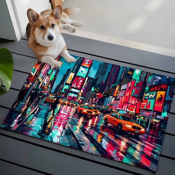 City Night View 2x3 Area Rugs for Living Room, Modern Neon Building Traffic Lights Non Slip Floor Mat Washable Low-Profile Indoor Carpet for Bedroom, Dining Room, Bathroom