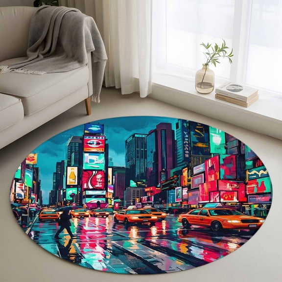 City Night View 3FT Round Area Rug Modern Neon Building Traffic Lights Soft Small Round Rugs Non-Slip, Ultra-Thin Washable Rug Low Pile Circle Carpet for Bedroom Kitchen Nursery