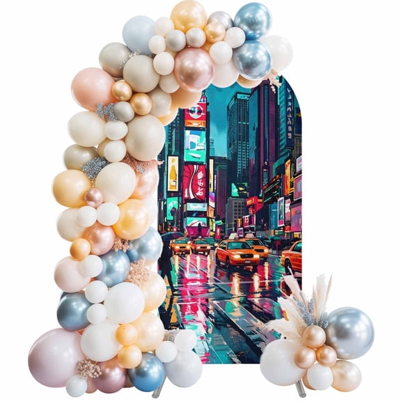 City Night View Arch Backdrop Cover 4 FT Modern Neon Building Traffic Lights Stretchy Elastic Arch Stand Covers Spandex Arched Background Birthday Wedding Party Decoration (No Stand)