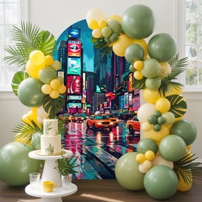 City Night View Arch Backdrop Cover, 4FT, Modern Neon Building Traffic Lights Spandex Arch Covers Double-Sided Backdrop for Wedding Birthday Party Photo Background Decoration