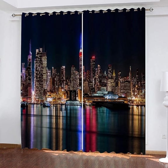 City Night View Blackout Curtains, Modern Architecture Art 3D Printed Window Curtains, Grommet Thermal Insulated Window Curtain for Bedroom Living Room 42"W x 84"L (Pack of 2)