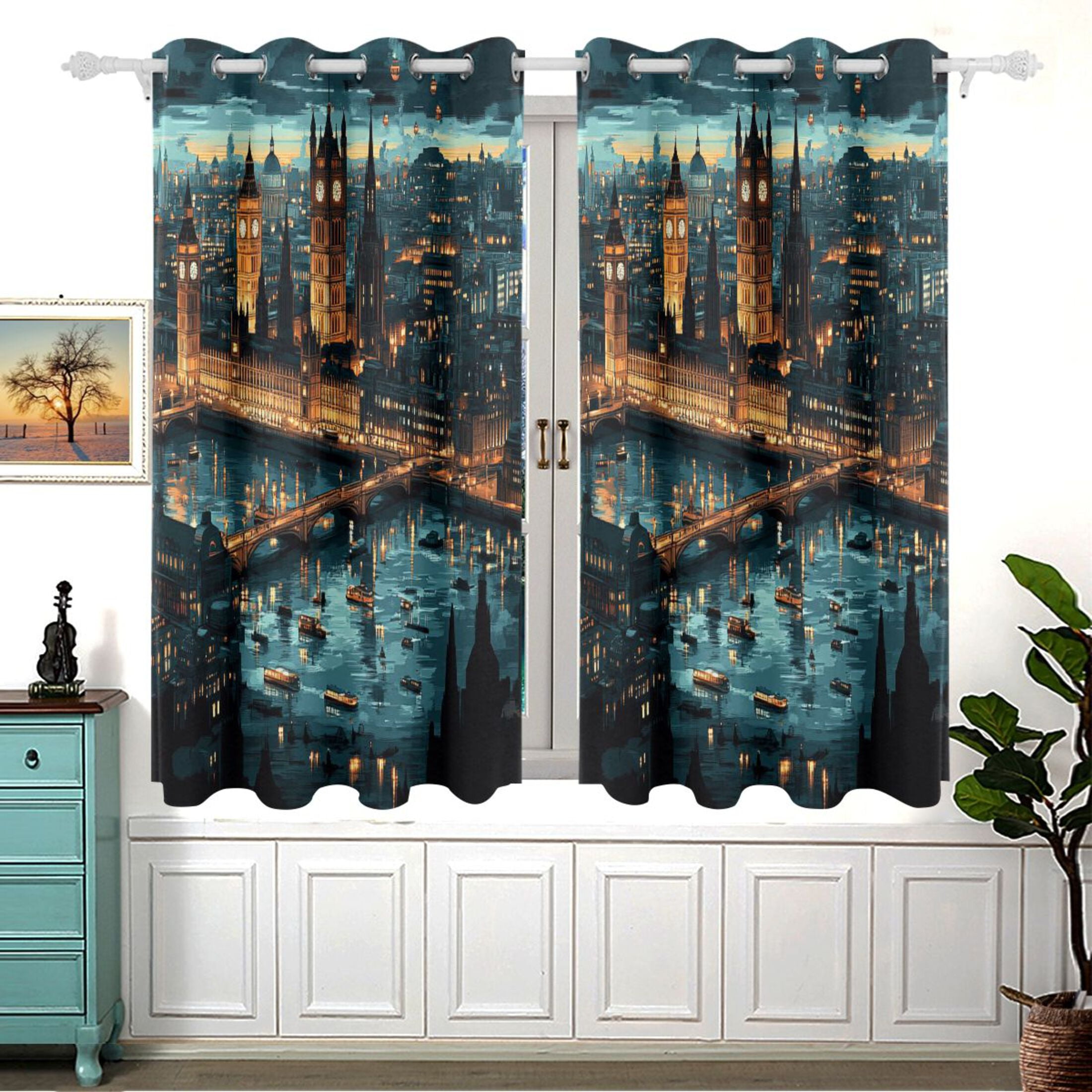 City Night View Blackout Curtains for Living Room Bedroom 55W x 54L Insulated Window Drapes 2 Panels