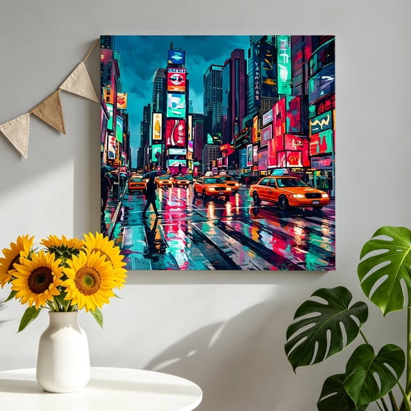 City Night View Canvas Wall Art for Living Room, Modern Neon Building Traffic Lights Poster Print Painting for Bedroom Office Home Decoration Wall Pictures Prepare To Hang 8"x8"