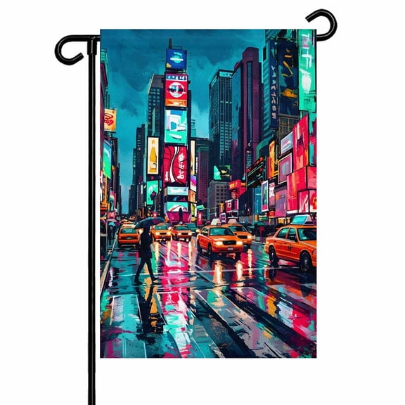 City Night View Garden Flag 12x18 Inch Modern Neon Building Traffic Lights Double Sided Small Decorative Garden Flags for Outside, Outdoor Yard Porch Lawn Decoration