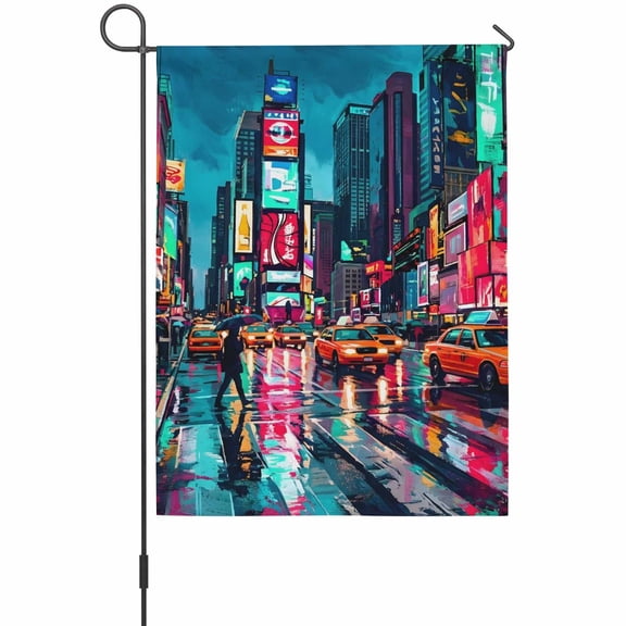 City Night View Garden Flags For Outdoor, Modern Neon Building Traffic Lights Small Double Side Yard Flags Weather Proof Garden Decor for Lawn Outside Holiday 12 x 18 Inches