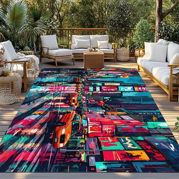 City Night View Indoor Outdoor Rugs 3x5 Ft, Modern Neon Building Traffic Lights Outdoor Patio Rugs Mat Washable Outside Area Rugs Carpet for Porch Deck RV Camping Pool Balcony Backyard
