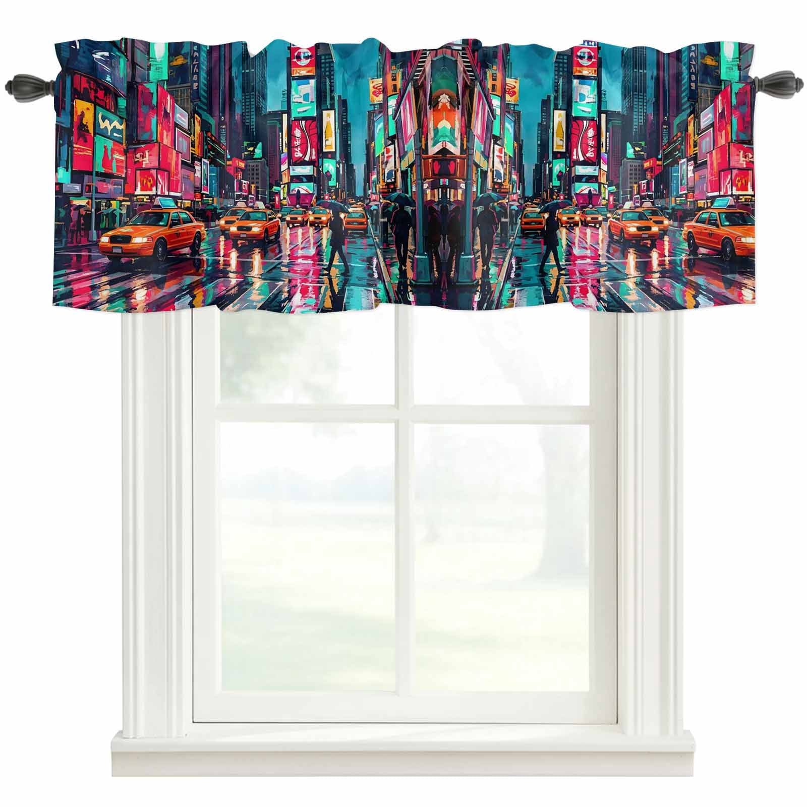 City Night View Valances for Windows Modern Neon Building Traffic ...