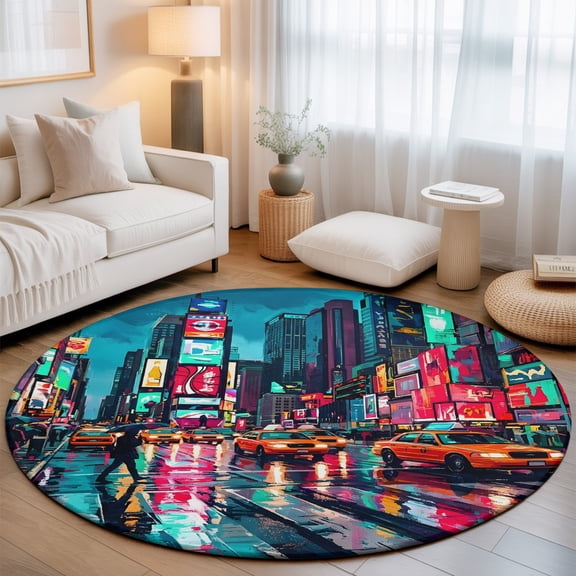 City Night View Washable Round Area Rug 3 ft, Modern Neon Building Traffic Lights, Soft Non Slip Rugs Stain Repellent Indoor Felt Carpet for Living Dining Room Bedroom Home Office
