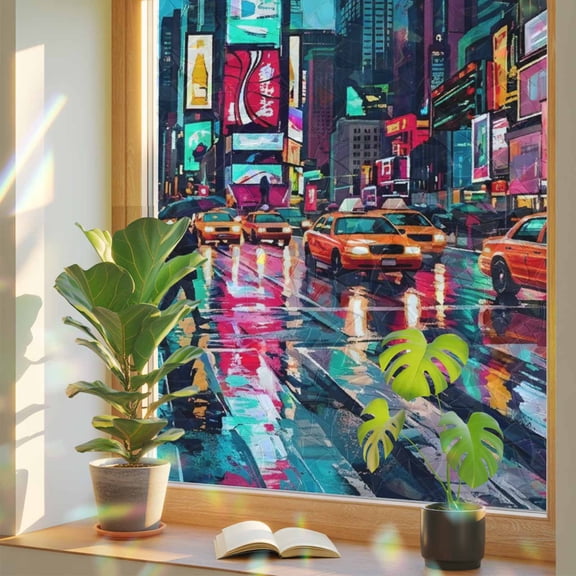 City Night View Window Privacy Film, Modern Neon Building Traffic Lights Stained Glass Rainbow Film Decorative Window Clings, Static Cling Sun Blocking Stickers 23.6" x 59"
