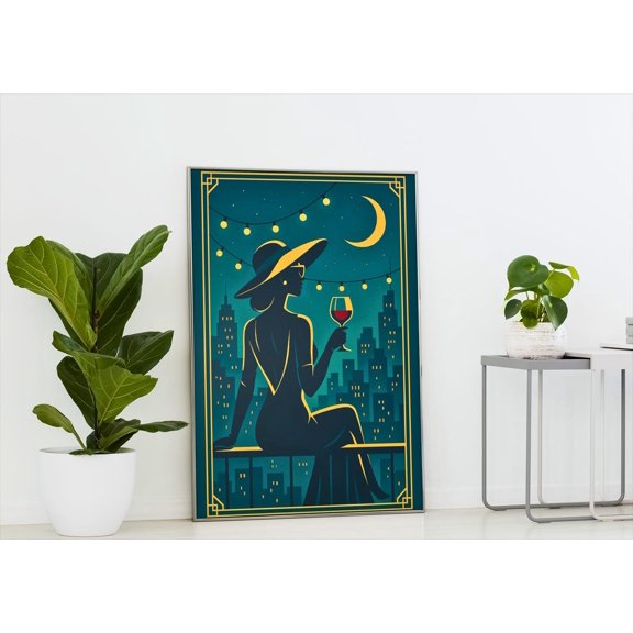 City Night Woman Art Poster: Balcony Wine, Modern Vintage Decor, Stretched Canvas Size 16x24