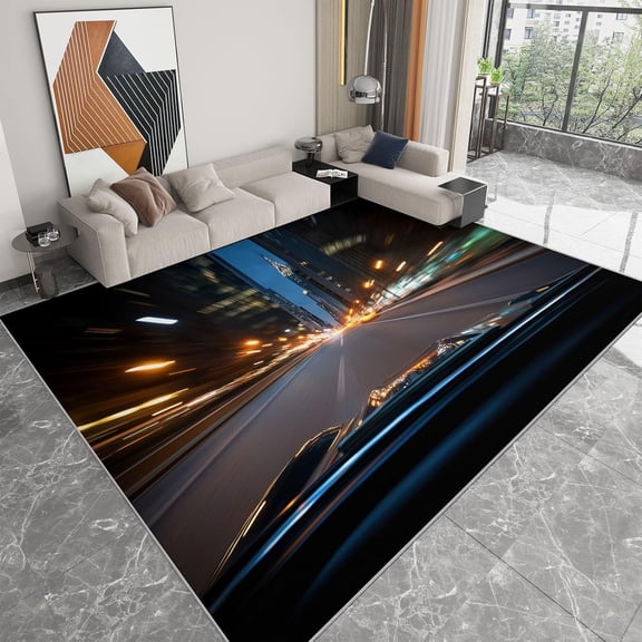 City Nightscape Area Rugs, City Architecture Nightscape Carpet, Washable Non Slip Low Pile Soft Rug for Living Room Bedroom Office Decor Mat 5x8ft