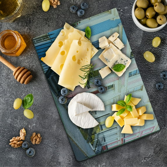 City Old Houses Cutting Board, Traditional English Houses in Blue Pink Yellow and White Colors in London, Decorative Tempered Glass Cutting and Serving Board, in 3 Sizes, by Ambesonne