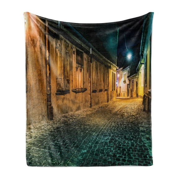 City Old Houses Soft Flannel Fleece Blanket, Dark Deserted Alley by Night in Sibiu Romania Mysterious Historical Place, Cozy Plush for Indoor and Outdoor Use, 50" x 70", Multicolor, by Ambesonne