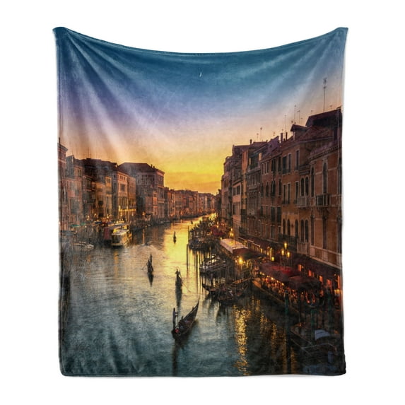 City Old Houses Soft Flannel Fleece Blanket, Famous Grand Canal View from Rialto Bridge at Sunset Venice Italy Picture, Cozy Plush for Indoor and Outdoor Use, 50" x 60", Multicolor, by Ambesonne