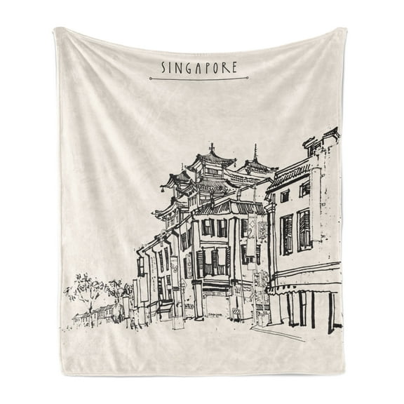 City Old Houses Soft Flannel Fleece Blanket, Singapore China Town Drawing in Vintage Style with Hand Lettering, Cozy Plush for Indoor and Outdoor Use, 50" x 60", Eggshell and Black, by Ambesonne