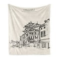 thumbnail image 1 of City Old Houses Soft Flannel Fleece Blanket, Singapore China Town Drawing in Vintage Style with Hand Lettering, Cozy Plush for Indoor and Outdoor Use, 50" x 70", Eggshell and Black, by Ambesonne, 1 of 5