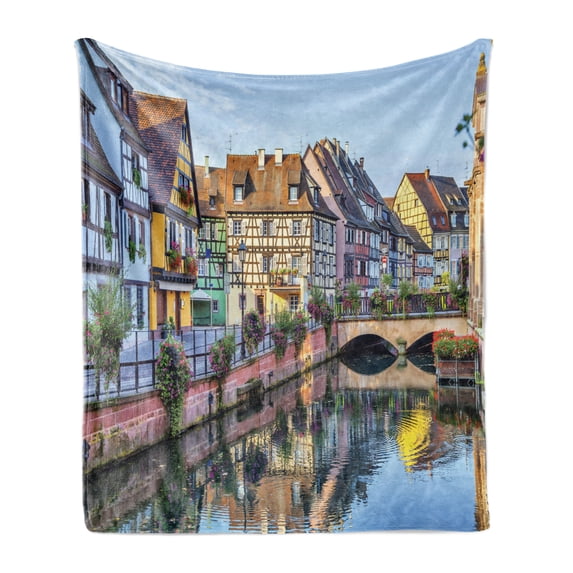 City Old Houses Soft Flannel Fleece Throw Blanket, Colorful Traditional French Houses River Lauch in Petite Venise Colmar, Cozy Plush for Indoor and Outdoor Use, 50" x 70", Multicolor, by Ambesonne