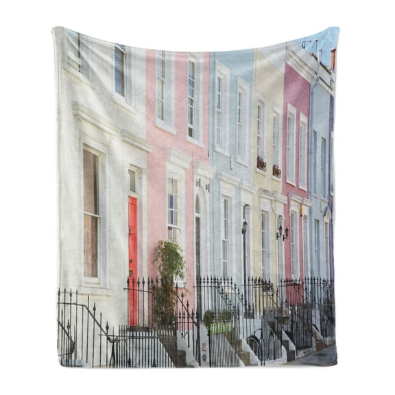 City Old Houses Soft Flannel Fleece Throw Blanket, Facades of the Colorful English Houses in Pastel Pale Colors in London, Cozy Plush for Indoor and Outdoor Use, 70" x 90", Multicolor, by Ambesonne