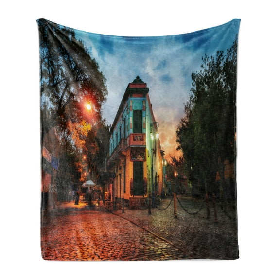 City Old Houses Soft Flannel Fleece Throw Blanket, Public Square in La Boca Buenos Aires Argentina Sunset Peaceful Streets, Cozy Plush for Indoor and Outdoor Use, 60" x 80", Multicolor, by Ambesonne